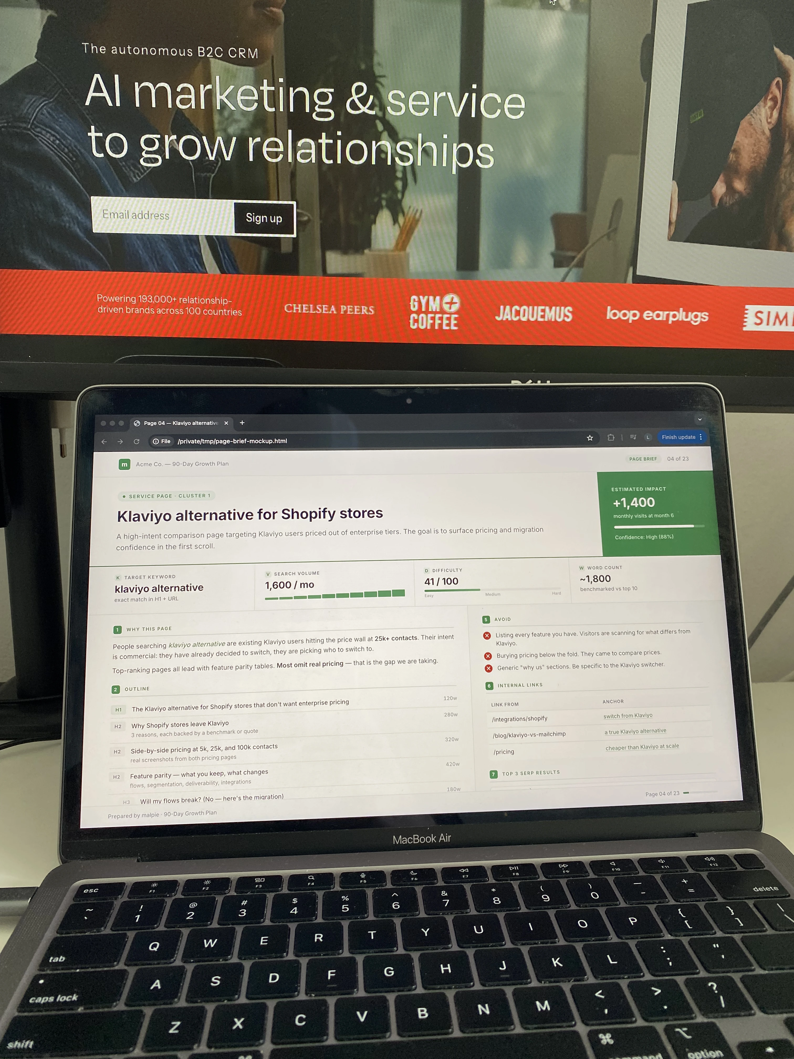 A page brief from Jude's 90-day growth plan, opened on a laptop